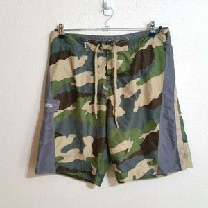 Men's Basix Surf Wear Swim Trunks Shorts Camo Camouflage Green Brown Gray Large